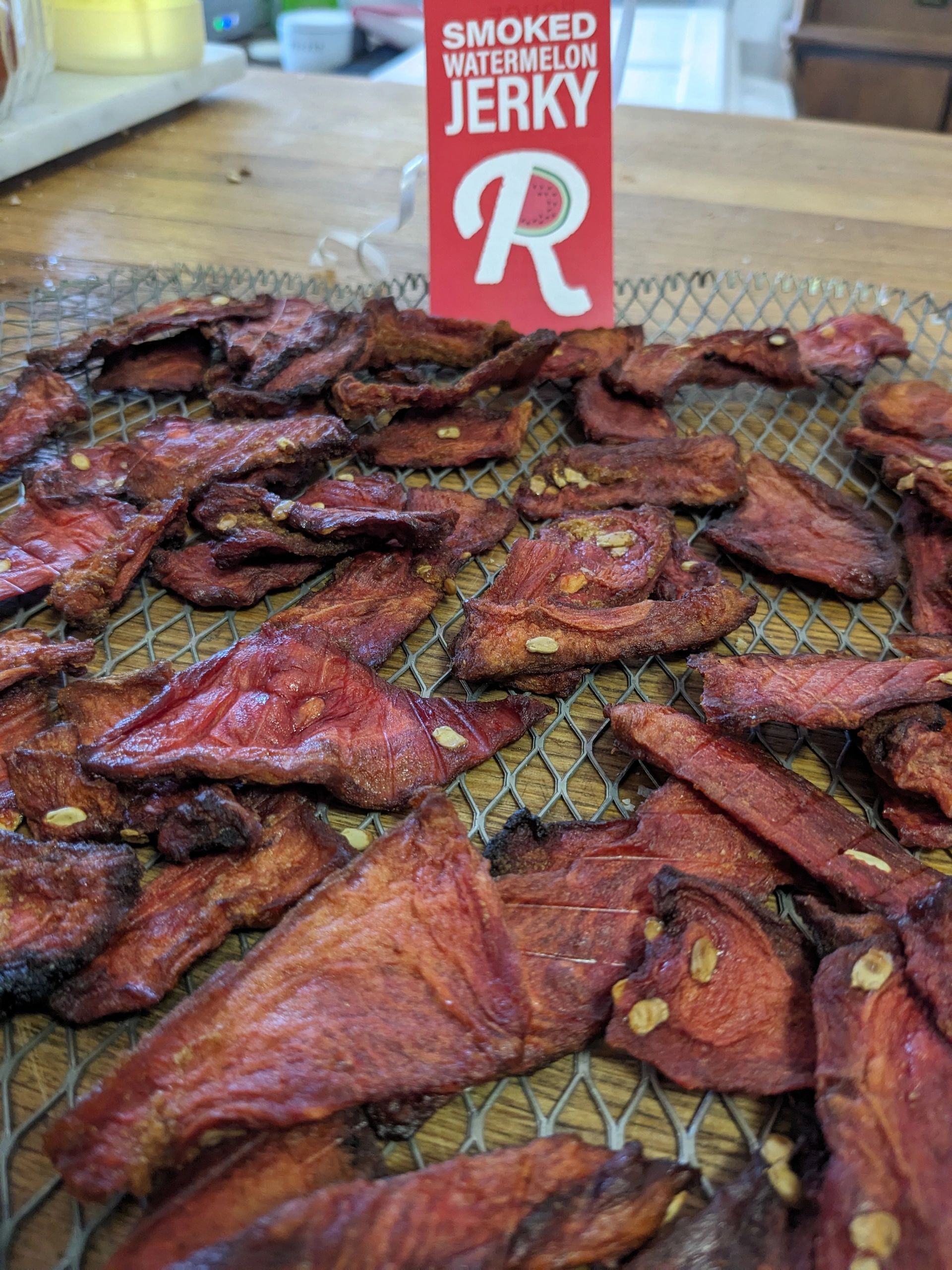 Smoked Watermelon Jerky on drying rack